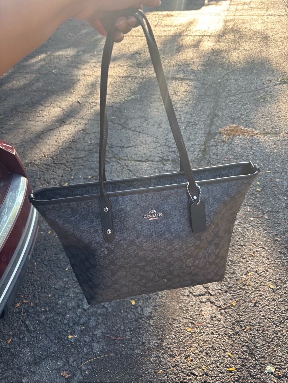 Coach Black Signature Tote with Leather Trim